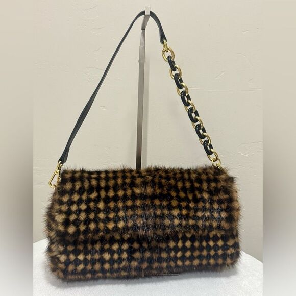 Checkboard Real Muskrat Fur Handmade Baguette Bag, Including 2 Strap Styles